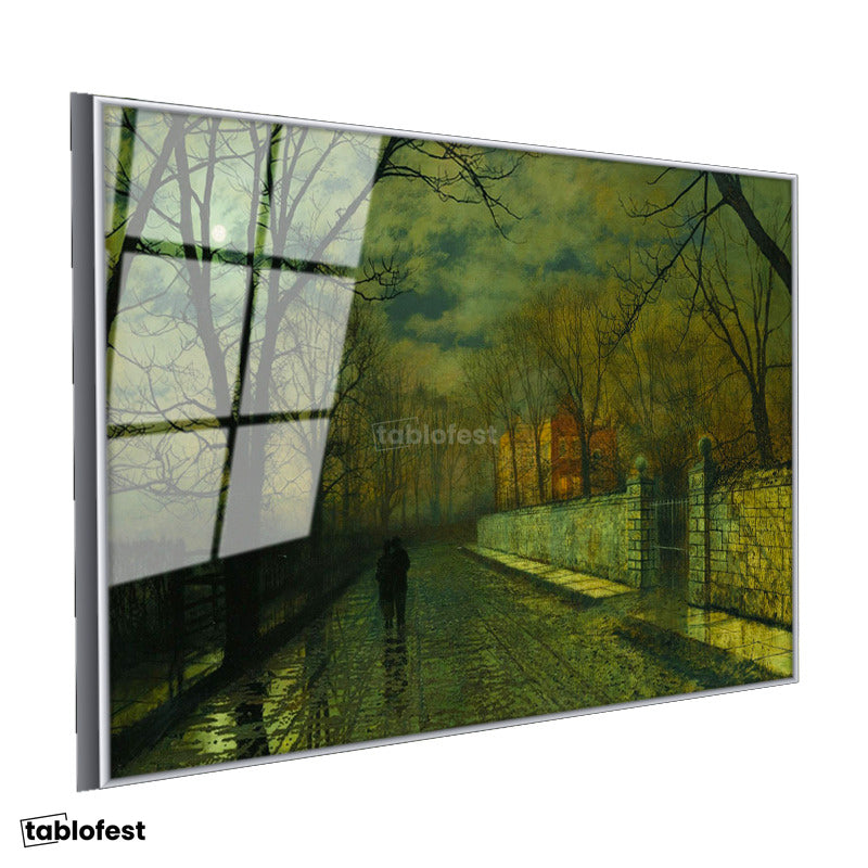 Gümüş Renk Metal Çerçeveli Tamperli Cam Tablo J.A. Grimshaw Yağmurlu Yol Gece Mehtaplı Figürler Ressam Tablosu Dekoru