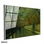 Gümüş Renk Metal Çerçeveli Tamperli Cam Tablo J.A. Grimshaw Yağmurlu Yol Gece Mehtaplı Figürler Ressam Tablosu Dekoru
