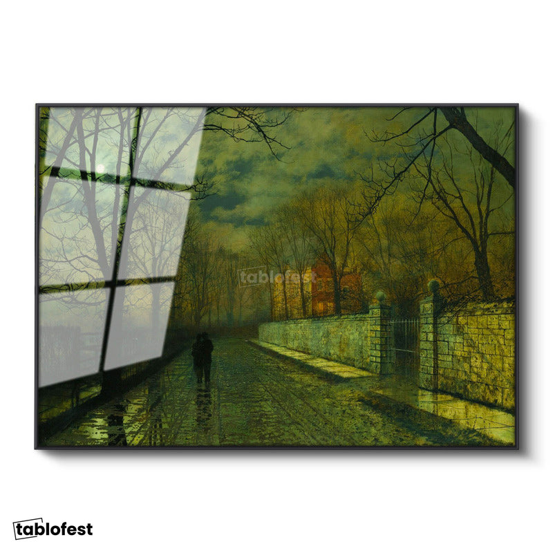 Siyah Renk Metal Çerçeveli Tamperli Cam Tablo J.A. Grimshaw Yağmurlu Yol Gece Mehtaplı Figürler Ressam Tablosu Dekoru