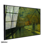 Siyah Renk Metal Çerçeveli Tamperli Cam Tablo J.A. Grimshaw Yağmurlu Yol Gece Mehtaplı Figürler Ressam Tablosu Dekoru
