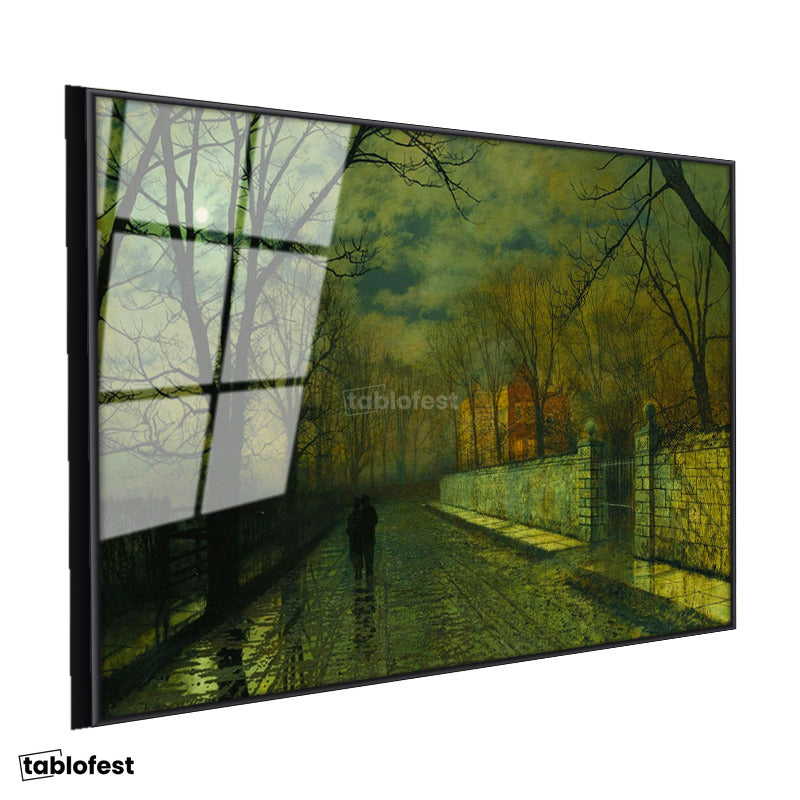 Siyah Renk Metal Çerçeveli Tamperli Cam Tablo J.A. Grimshaw Yağmurlu Yol Gece Mehtaplı Figürler Ressam Tablosu Dekoru