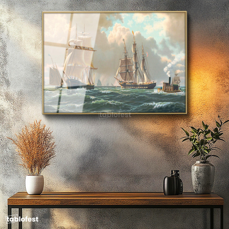 Altın Renk Metal Çerçeveli Tamperli Cam Tablo John Stobart Denizde Yelkenliler Buharlı Ressam Tablosu Duvar Dekoru