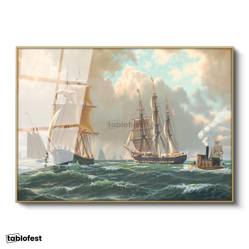 Altın Renk Metal Çerçeveli Tamperli Cam Tablo John Stobart Denizde Yelkenliler Buharlı Ressam Tablosu Duvar Dekoru