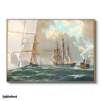 Altın Renk Metal Çerçeveli Tamperli Cam Tablo John Stobart Denizde Yelkenliler Buharlı Ressam Tablosu Duvar Dekoru