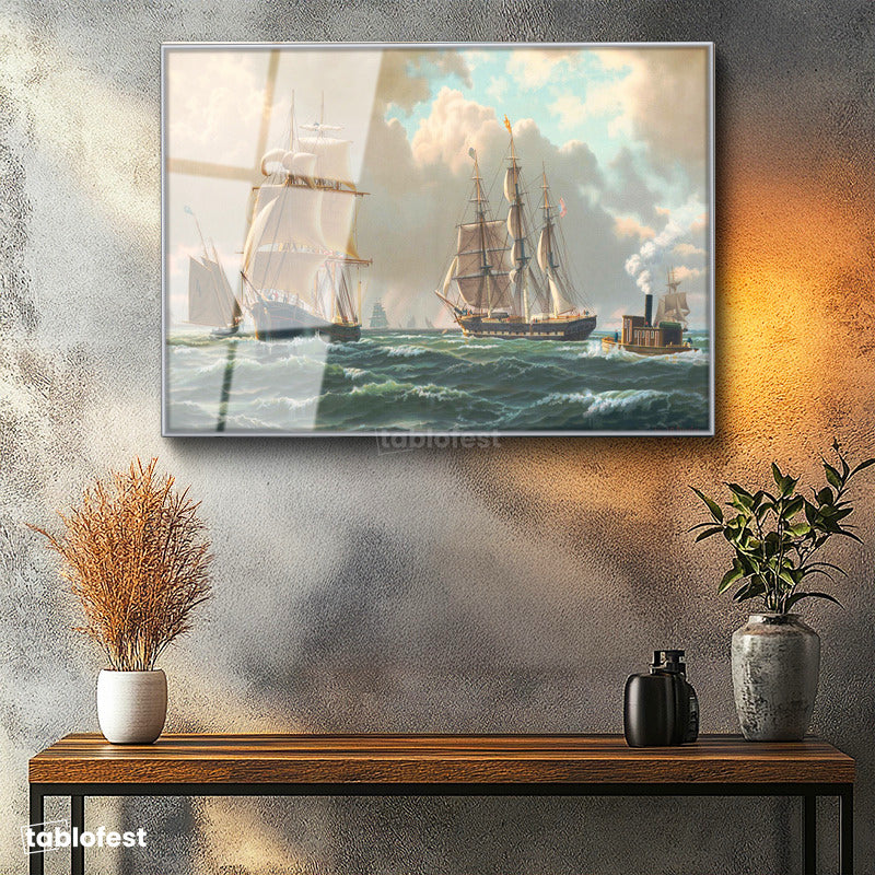 Gümüş Renk Metal Çerçeveli Tamperli Cam Tablo John Stobart Denizde Yelkenliler Buharlı Ressam Tablosu Duvar Dekoru