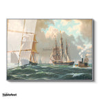 Gümüş Renk Metal Çerçeveli Tamperli Cam Tablo John Stobart Denizde Yelkenliler Buharlı Ressam Tablosu Duvar Dekoru