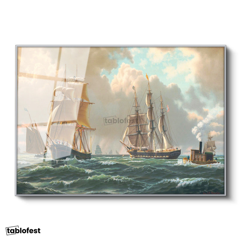Gümüş Renk Metal Çerçeveli Tamperli Cam Tablo John Stobart Denizde Yelkenliler Buharlı Ressam Tablosu Duvar Dekoru