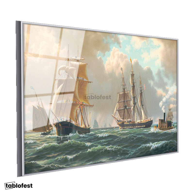 Gümüş Renk Metal Çerçeveli Tamperli Cam Tablo John Stobart Denizde Yelkenliler Buharlı Ressam Tablosu Duvar Dekoru