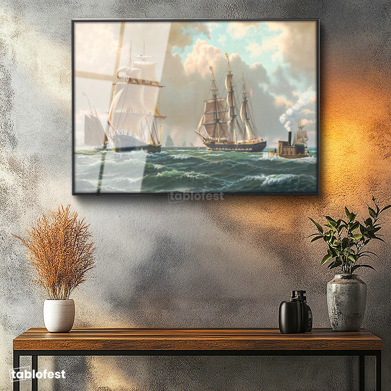 Siyah Renk Metal Çerçeveli Tamperli Cam Tablo John Stobart Denizde Yelkenliler Buharlı Ressam Tablosu Duvar Dekoru