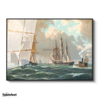 Siyah Renk Metal Çerçeveli Tamperli Cam Tablo John Stobart Denizde Yelkenliler Buharlı Ressam Tablosu Duvar Dekoru