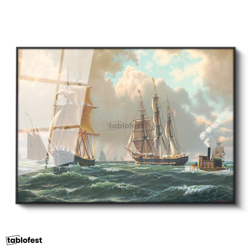Siyah Renk Metal Çerçeveli Tamperli Cam Tablo John Stobart Denizde Yelkenliler Buharlı Ressam Tablosu Duvar Dekoru