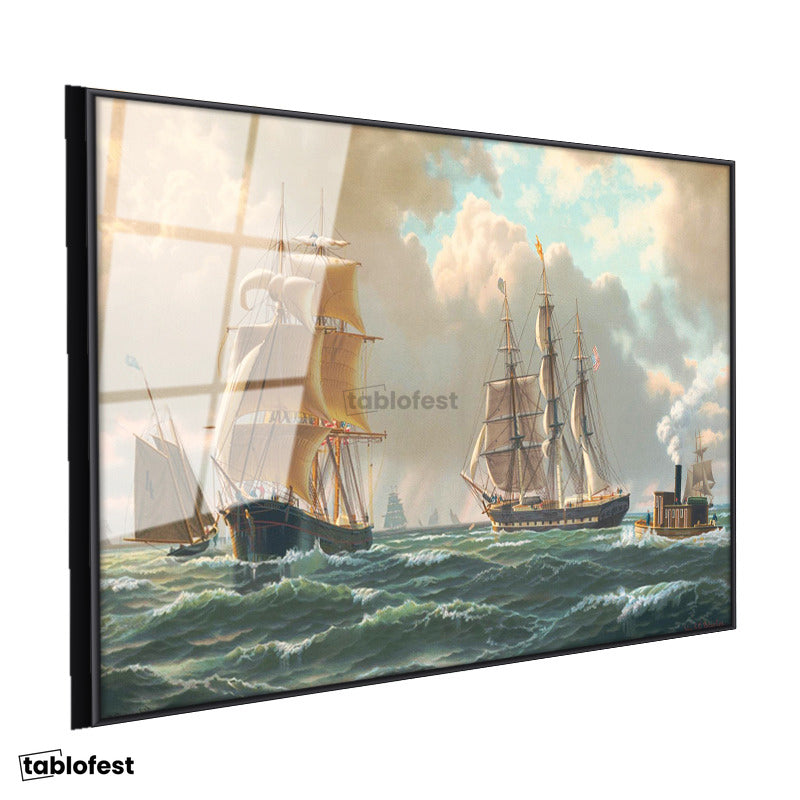 Siyah Renk Metal Çerçeveli Tamperli Cam Tablo John Stobart Denizde Yelkenliler Buharlı Ressam Tablosu Duvar Dekoru