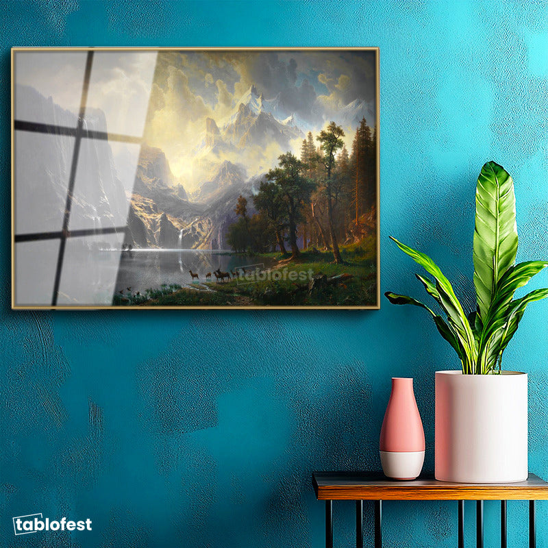 Altın Renk Metal Çerçeveli Tamperli Cam Tablo Albert Bierstadt Yosemite Vadisi Şelale ve Göl Işık Ressam Tablosu Dekoru
