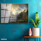 Altın Renk Metal Çerçeveli Tamperli Cam Tablo Albert Bierstadt Yosemite Vadisi Şelale ve Göl Işık Ressam Tablosu Dekoru