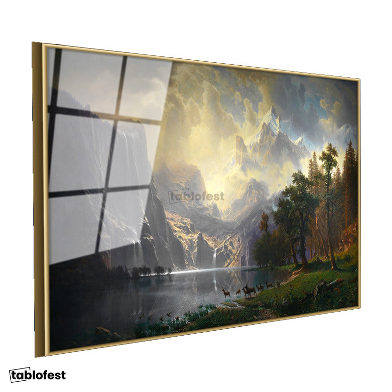 Altın Renk Metal Çerçeveli Tamperli Cam Tablo Albert Bierstadt Yosemite Vadisi Şelale ve Göl Işık Ressam Tablosu Dekoru