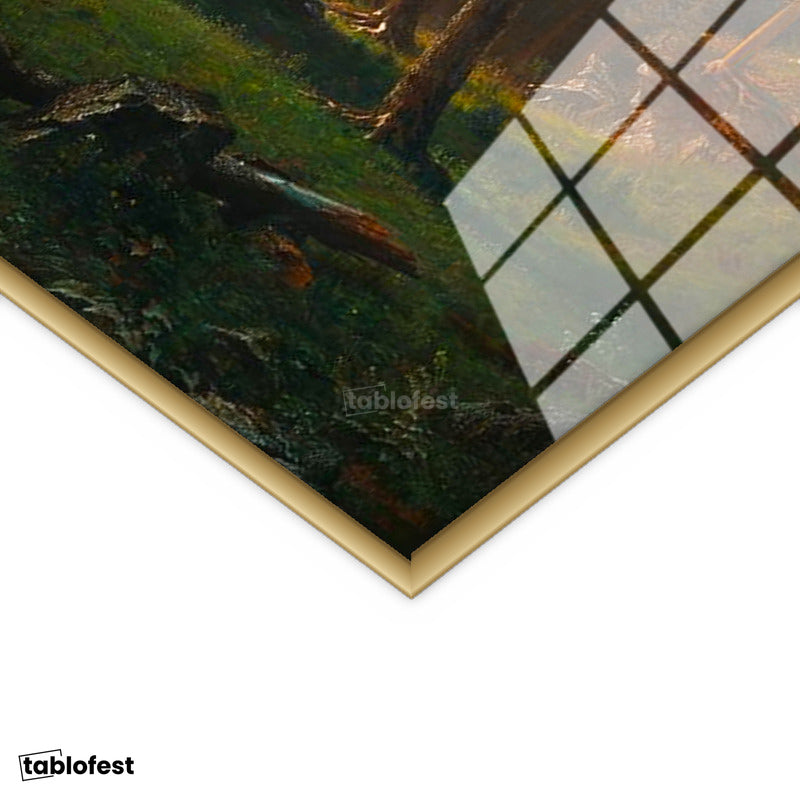 Altın Renk Metal Çerçeveli Tamperli Cam Tablo Albert Bierstadt Yosemite Vadisi Şelale ve Göl Işık Ressam Tablosu Dekoru