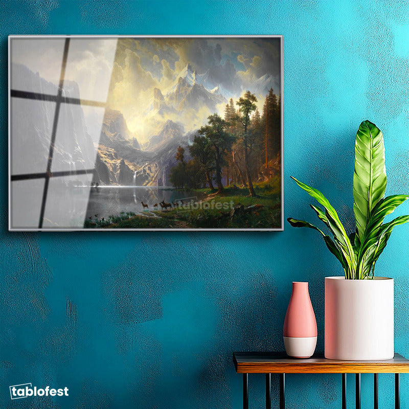 Gümüş Renk Metal Çerçeveli Tamperli Cam Tablo Albert Bierstadt Yosemite Vadisi Şelale ve Göl Işık Ressam Tablosu Dekoru