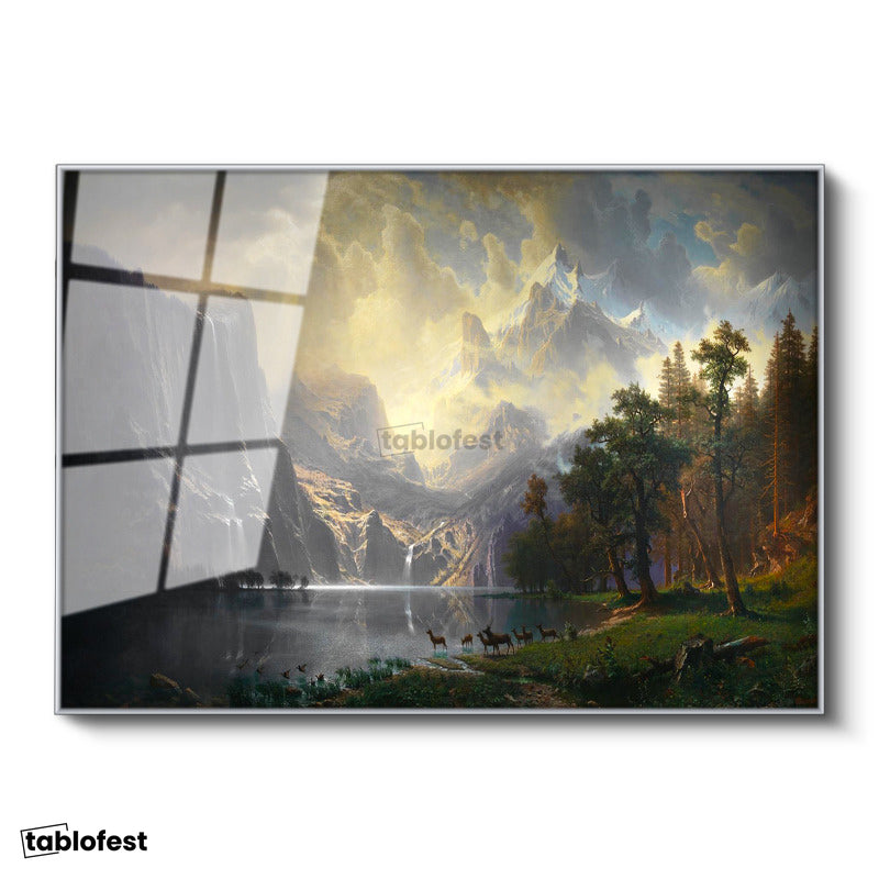 Gümüş Renk Metal Çerçeveli Tamperli Cam Tablo Albert Bierstadt Yosemite Vadisi Şelale ve Göl Işık Ressam Tablosu Dekoru