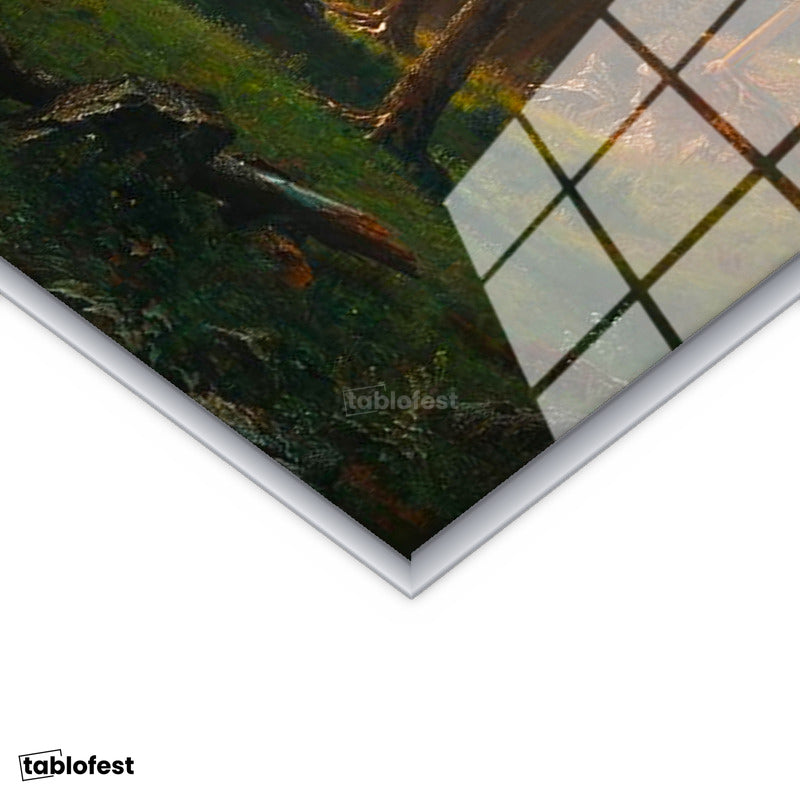 Gümüş Renk Metal Çerçeveli Tamperli Cam Tablo Albert Bierstadt Yosemite Vadisi Şelale ve Göl Işık Ressam Tablosu Dekoru