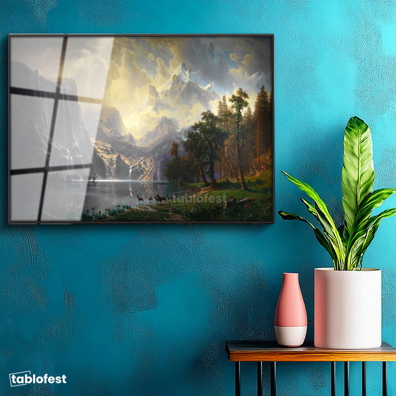 Siyah Renk Metal Çerçeveli Tamperli Cam Tablo Albert Bierstadt Yosemite Vadisi Şelale ve Göl Işık Ressam Tablosu Dekoru