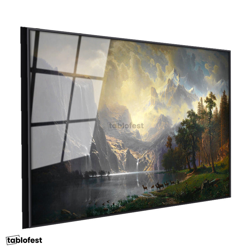 Siyah Renk Metal Çerçeveli Tamperli Cam Tablo Albert Bierstadt Yosemite Vadisi Şelale ve Göl Işık Ressam Tablosu Dekoru