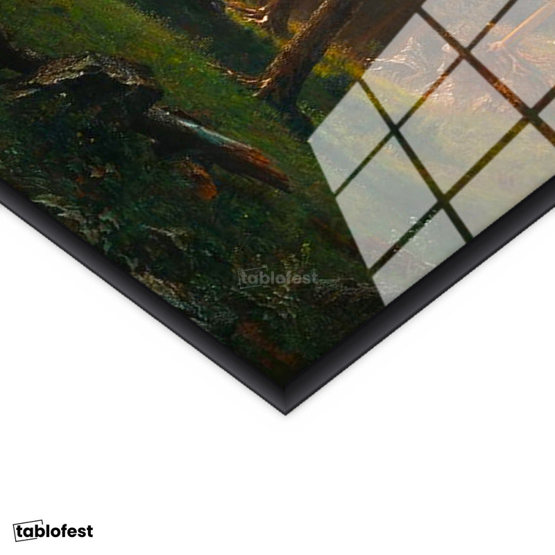 Siyah Renk Metal Çerçeveli Tamperli Cam Tablo Albert Bierstadt Yosemite Vadisi Şelale ve Göl Işık Ressam Tablosu Dekoru
