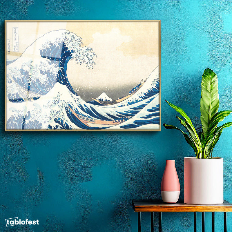Altın Renk Metal Çerçeveli Tamperli Cam Tablo Hokusai Büyük Dalga Kanagawa Fuji Dağı Ukiyo-e Ressam Tablosu Duvar Dekoru