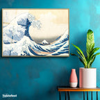 Altın Renk Metal Çerçeveli Tamperli Cam Tablo Hokusai Büyük Dalga Kanagawa Fuji Dağı Ukiyo-e Ressam Tablosu Duvar Dekoru