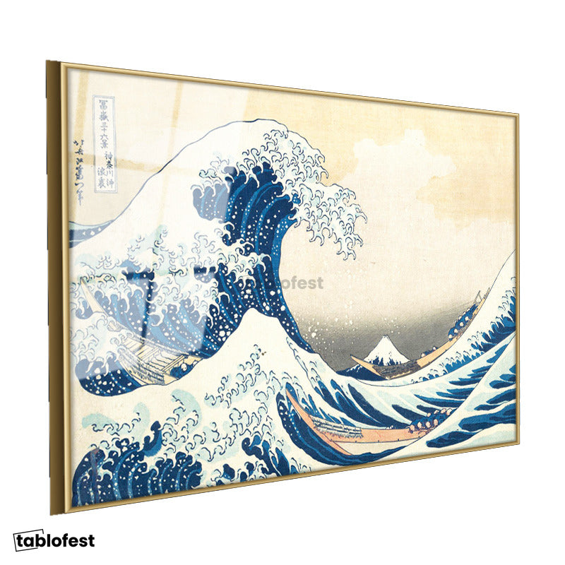 Altın Renk Metal Çerçeveli Tamperli Cam Tablo Hokusai Büyük Dalga Kanagawa Fuji Dağı Ukiyo-e Ressam Tablosu Duvar Dekoru