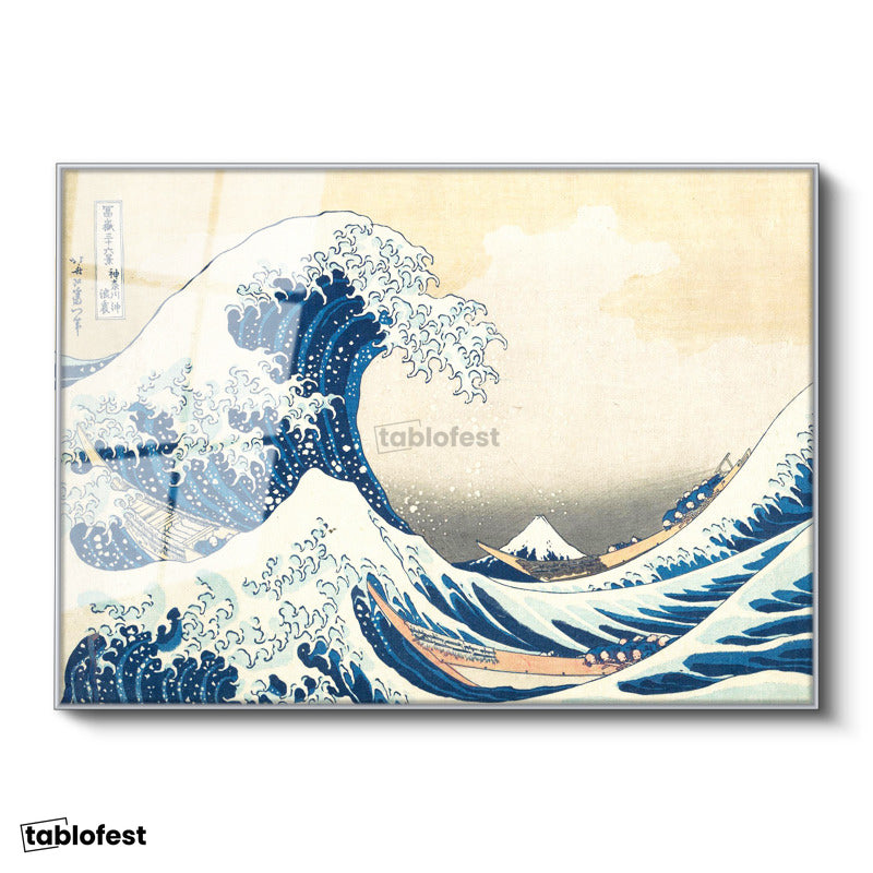 Gümüş Renk Metal Çerçeveli Tamperli Cam Tablo Hokusai Büyük Dalga Kanagawa Fuji Dağı Ukiyo-e Ressam Tablosu Duvar Dekoru