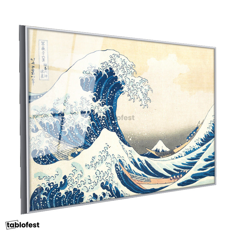 Gümüş Renk Metal Çerçeveli Tamperli Cam Tablo Hokusai Büyük Dalga Kanagawa Fuji Dağı Ukiyo-e Ressam Tablosu Duvar Dekoru