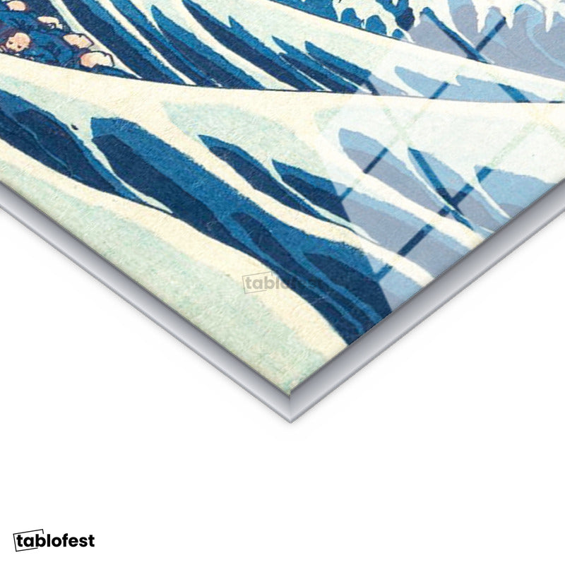 Gümüş Renk Metal Çerçeveli Tamperli Cam Tablo Hokusai Büyük Dalga Kanagawa Fuji Dağı Ukiyo-e Ressam Tablosu Duvar Dekoru