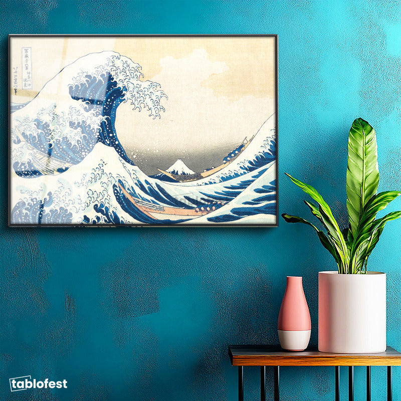 Siyah Renk Metal Çerçeveli Tamperli Cam Tablo Hokusai Büyük Dalga Kanagawa Fuji Dağı Ukiyo-e Ressam Tablosu Duvar Dekoru