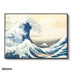Siyah Renk Metal Çerçeveli Tamperli Cam Tablo Hokusai Büyük Dalga Kanagawa Fuji Dağı Ukiyo-e Ressam Tablosu Duvar Dekoru