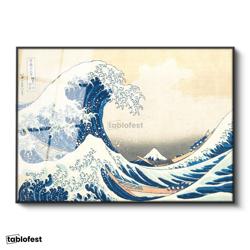 Siyah Renk Metal Çerçeveli Tamperli Cam Tablo Hokusai Büyük Dalga Kanagawa Fuji Dağı Ukiyo-e Ressam Tablosu Duvar Dekoru