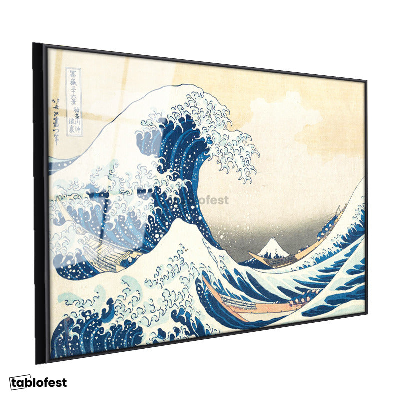 Siyah Renk Metal Çerçeveli Tamperli Cam Tablo Hokusai Büyük Dalga Kanagawa Fuji Dağı Ukiyo-e Ressam Tablosu Duvar Dekoru