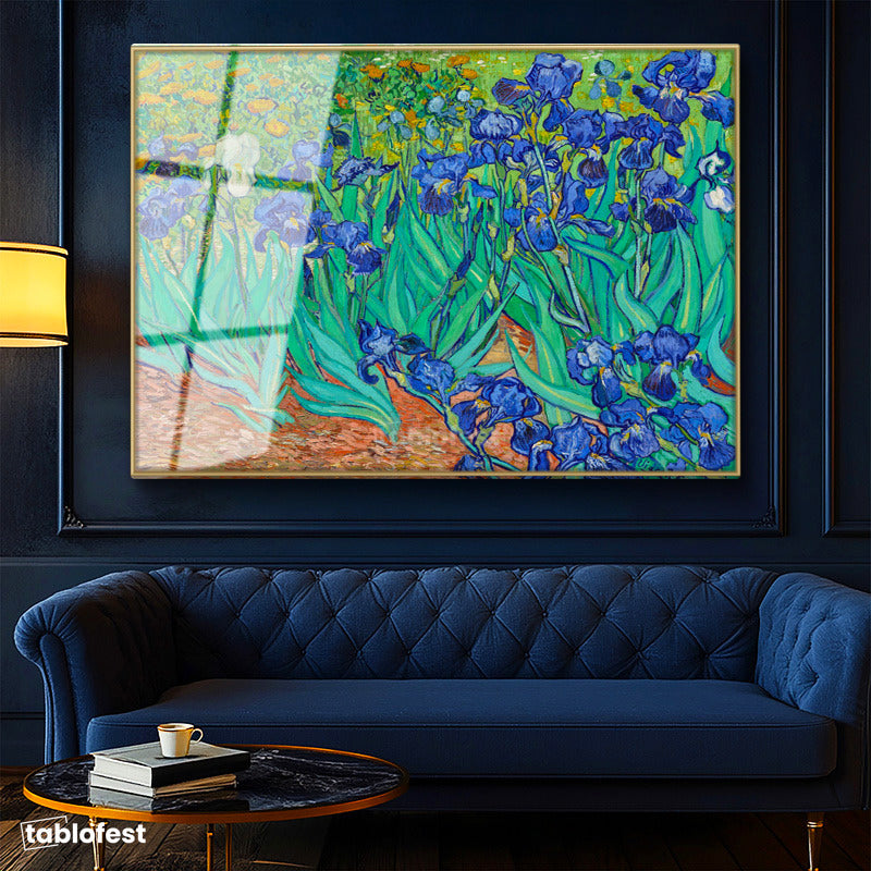 Altın Renk Metal Çerçeveli Tamperli Cam Tablo Vincent van Gogh İris Çiçekleri Bahçe Mavi Ressam Tablosu Duvar Dekoru