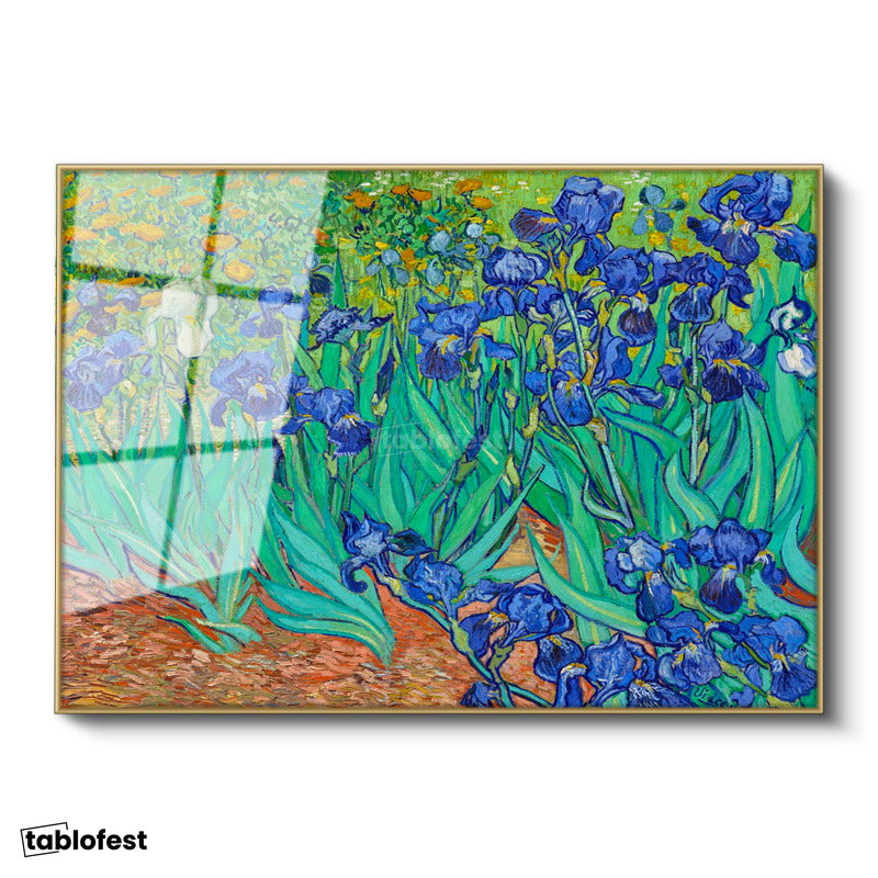 Altın Renk Metal Çerçeveli Tamperli Cam Tablo Vincent van Gogh İris Çiçekleri Bahçe Mavi Ressam Tablosu Duvar Dekoru