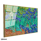 Altın Renk Metal Çerçeveli Tamperli Cam Tablo Vincent van Gogh İris Çiçekleri Bahçe Mavi Ressam Tablosu Duvar Dekoru
