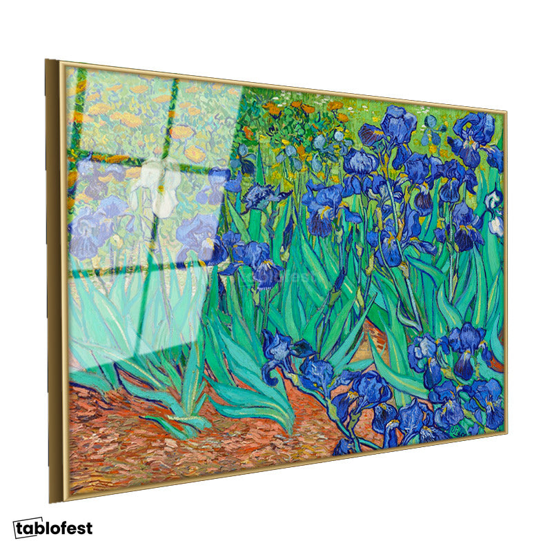 Altın Renk Metal Çerçeveli Tamperli Cam Tablo Vincent van Gogh İris Çiçekleri Bahçe Mavi Ressam Tablosu Duvar Dekoru