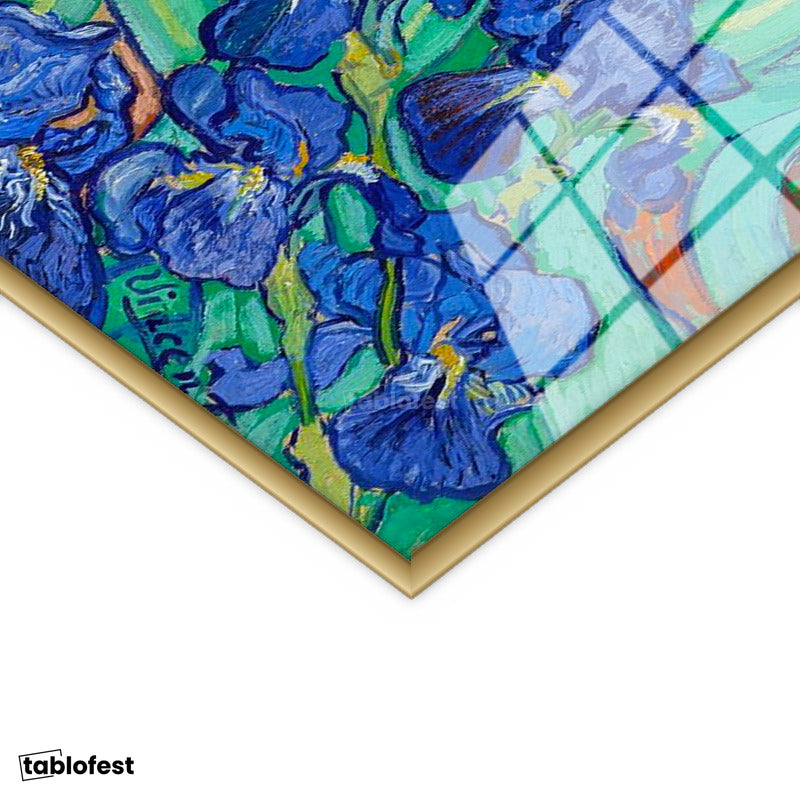 Altın Renk Metal Çerçeveli Tamperli Cam Tablo Vincent van Gogh İris Çiçekleri Bahçe Mavi Ressam Tablosu Duvar Dekoru