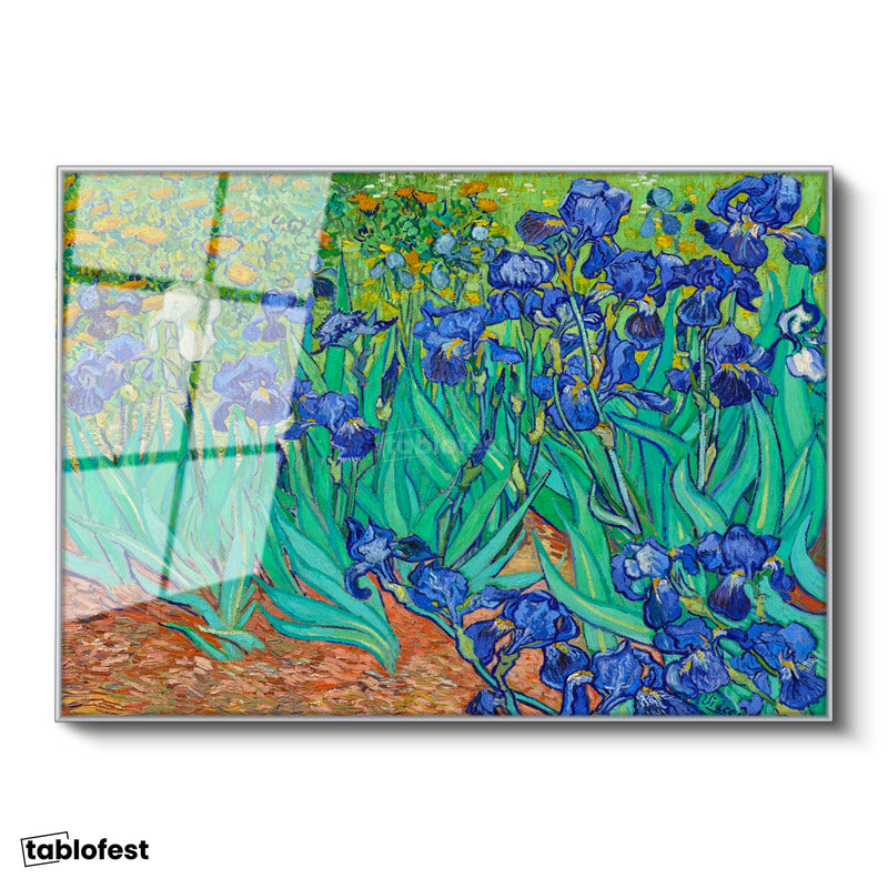 Gümüş Renk Metal Çerçeveli Tamperli Cam Tablo Vincent van Gogh İris Çiçekleri Bahçe Mavi Ressam Tablosu Duvar Dekoru