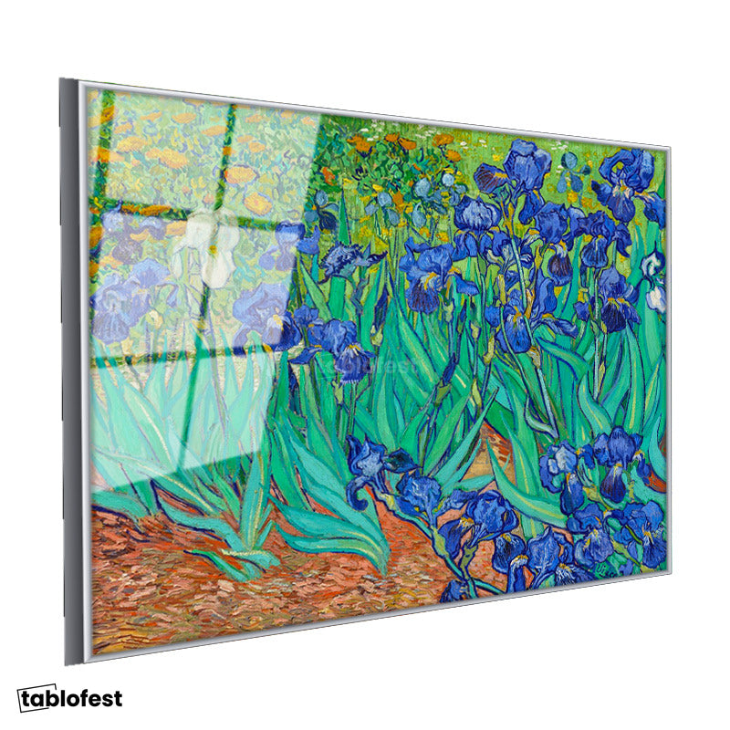Gümüş Renk Metal Çerçeveli Tamperli Cam Tablo Vincent van Gogh İris Çiçekleri Bahçe Mavi Ressam Tablosu Duvar Dekoru
