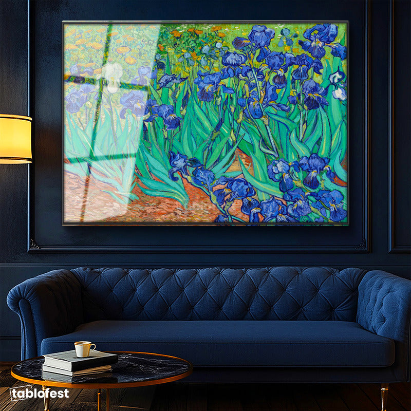 Siyah Renk Metal Çerçeveli Tamperli Cam Tablo Vincent van Gogh İris Çiçekleri Bahçe Mavi Ressam Tablosu Duvar Dekoru