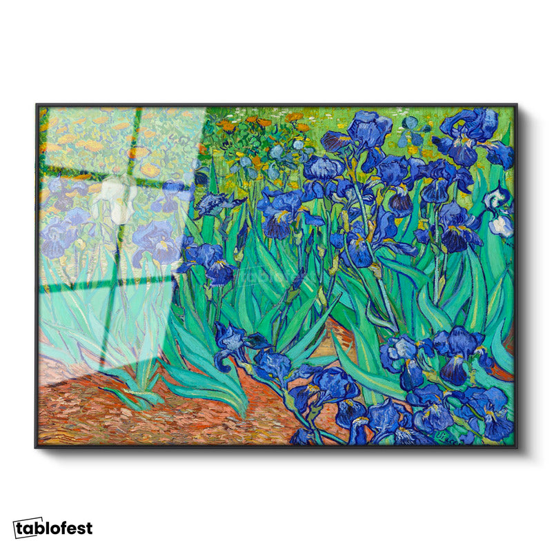 Siyah Renk Metal Çerçeveli Tamperli Cam Tablo Vincent van Gogh İris Çiçekleri Bahçe Mavi Ressam Tablosu Duvar Dekoru