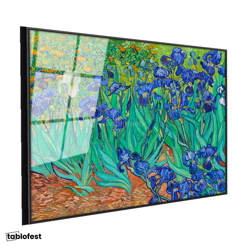 Siyah Renk Metal Çerçeveli Tamperli Cam Tablo Vincent van Gogh İris Çiçekleri Bahçe Mavi Ressam Tablosu Duvar Dekoru