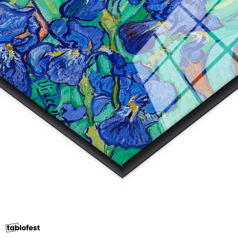 Siyah Renk Metal Çerçeveli Tamperli Cam Tablo Vincent van Gogh İris Çiçekleri Bahçe Mavi Ressam Tablosu Duvar Dekoru