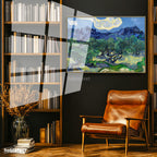 Altın Renk Metal Çerçeveli Tamperli Cam Tablo Van Gogh Zeytin Ağaçları Mavi Dağlar Bulutlu Ressam Tablosu Duvar Dekoru