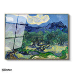 Altın Renk Metal Çerçeveli Tamperli Cam Tablo Van Gogh Zeytin Ağaçları Mavi Dağlar Bulutlu Ressam Tablosu Duvar Dekoru