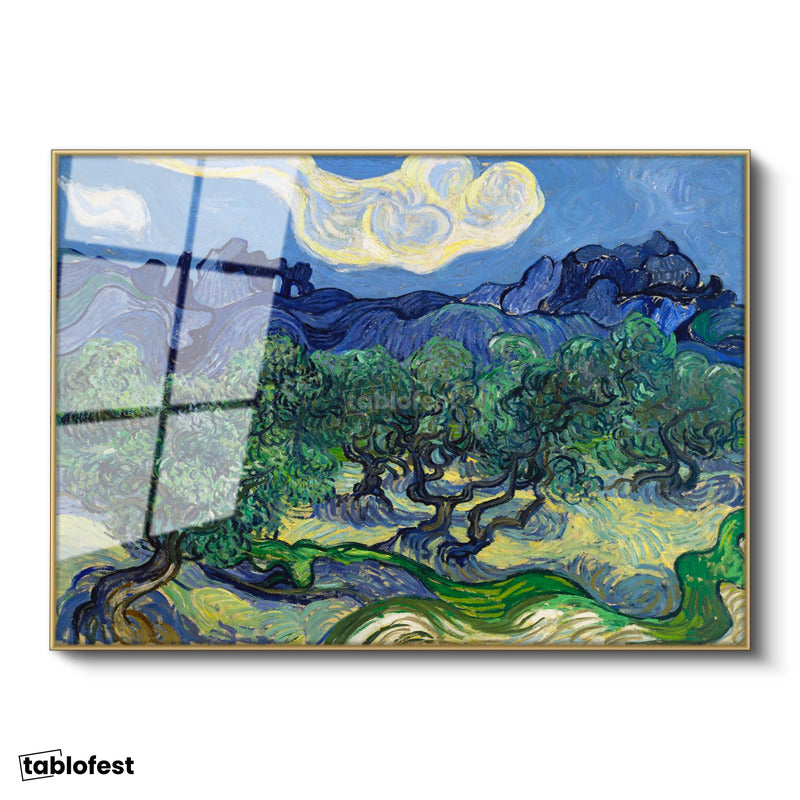 Altın Renk Metal Çerçeveli Tamperli Cam Tablo Van Gogh Zeytin Ağaçları Mavi Dağlar Bulutlu Ressam Tablosu Duvar Dekoru